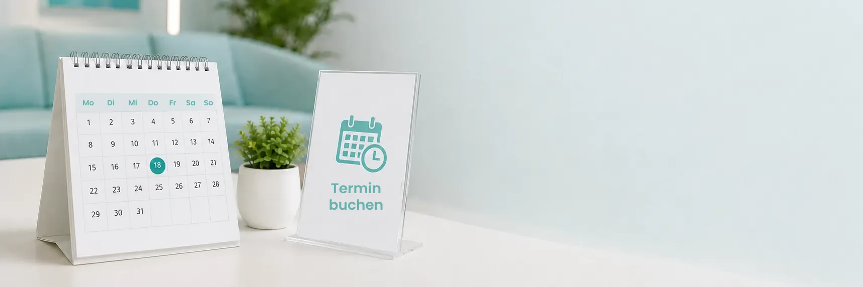 Ein Tischkalender und ein Aufsteller "Termin buchen" auf dem Empfangstresen der Praxis.
