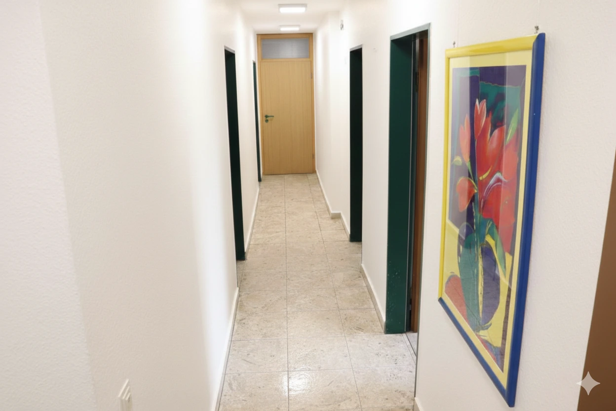 Der helle Flur zwischen den Sprechzimmern, an der Wand ein farbiges gerahmtes Bild.